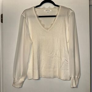 Society 212 Women’s Large Cream Knit Long Sleeve Shirt V Neck Lace Fringe NWT